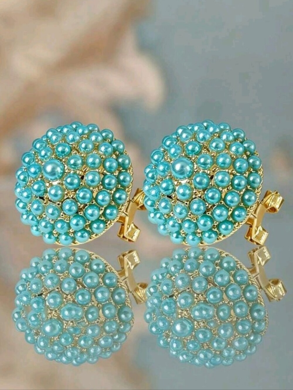 NEW! 14k Gold Plated Stunning Aqua Pearl Cluster Clip-On Omega Post Earrings